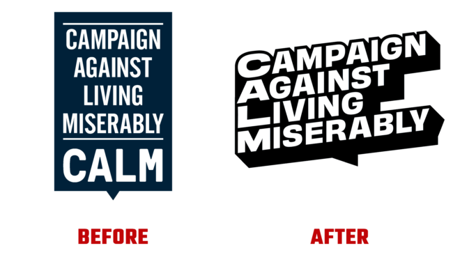 Campaign Against Living Miserably (CALM) Antes e Depois Logo (historia)