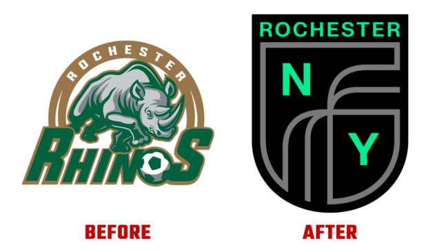 Rochester New York FC Antes e Depois Logo (historia)