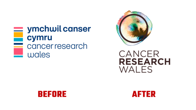 Cancer Research Wales Antes e Depois Logo (história)